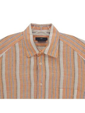 ERMENEGILDO ZEGNA Sport Flax Linen Cotton Blend Shirt Orange Striped LARGE